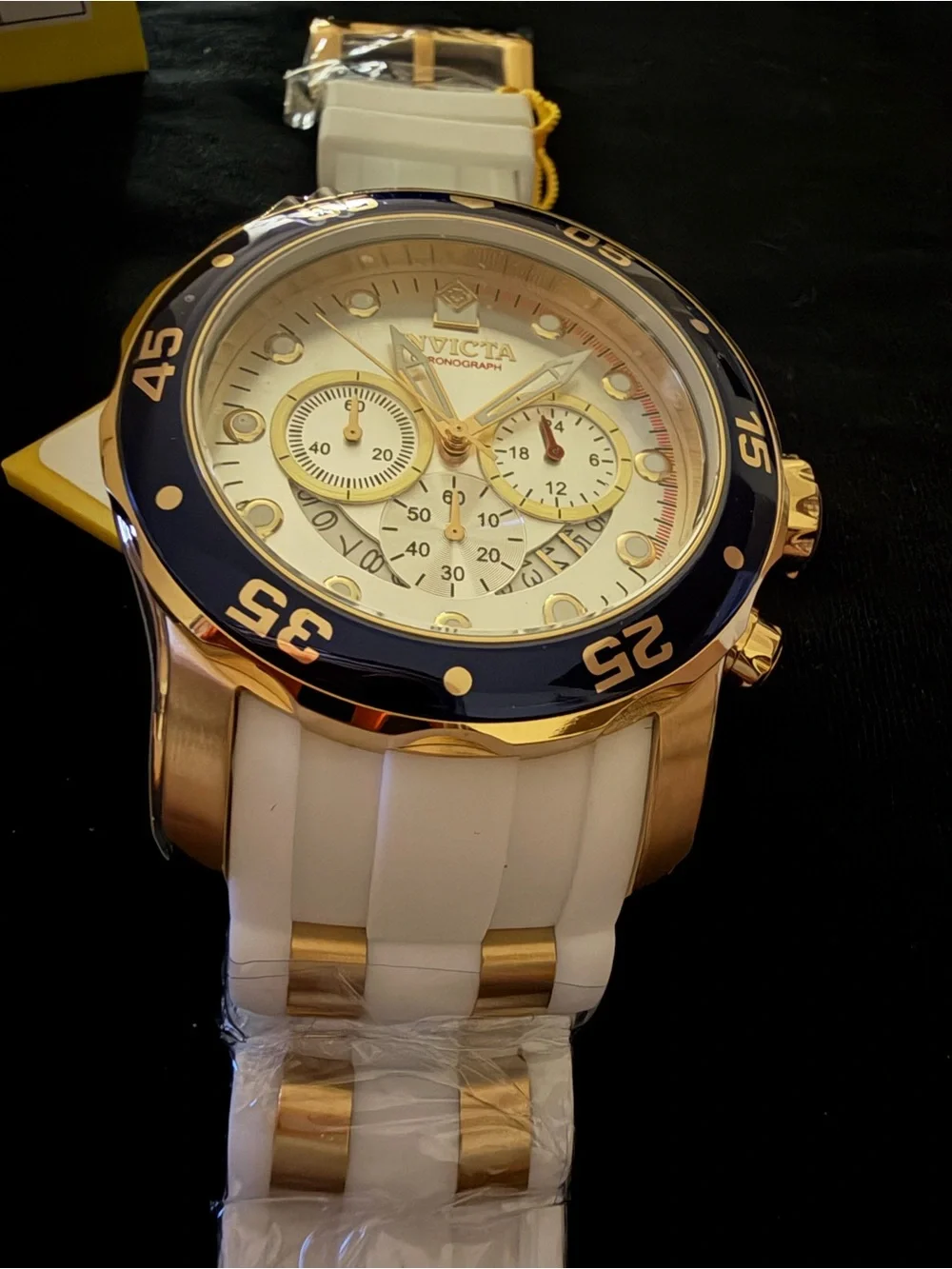 Invicta Gold and White Men's Chronograph Watch with Blue Bezel